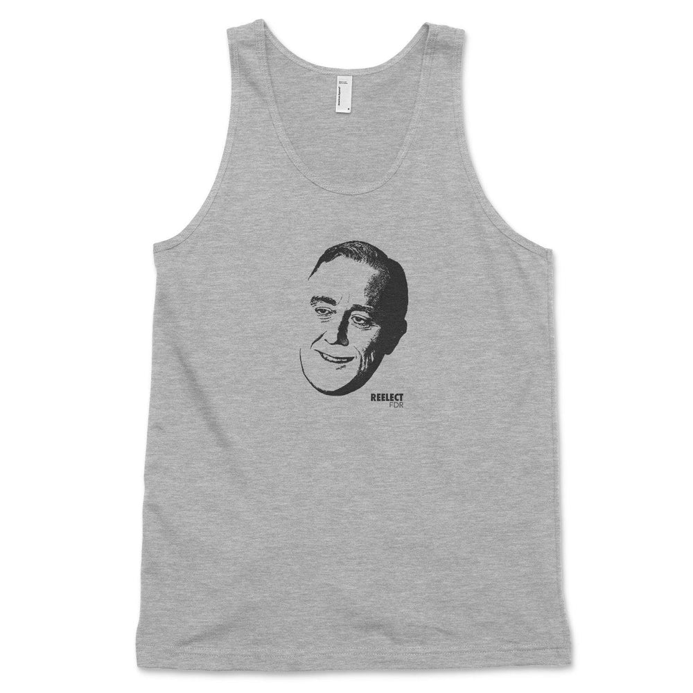 heather gray Franklin Delano Roosevelt men's and unisex tank top with head of the American president and text that reads reelect f d r