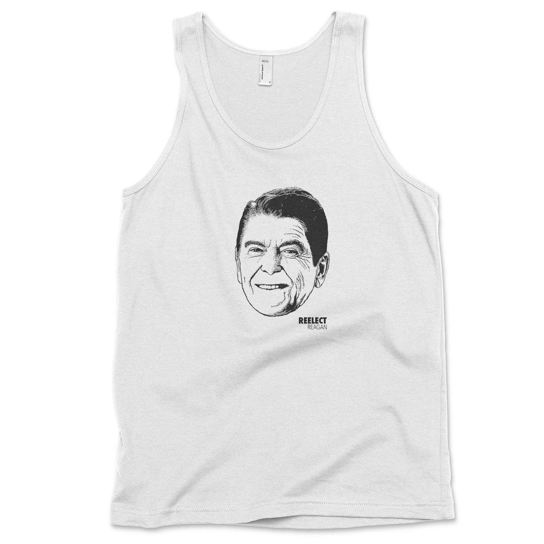 white Ronald Reagan men's and unisex tank top with head of the American president and text that reads reelect Reagan