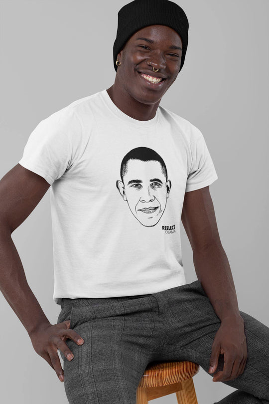 smiling Black man with piercings wearing white reelect president Barack Obama unisex t-shirt