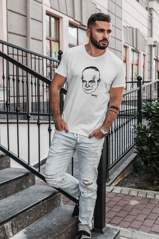 cool bearded Hispanic man with ripped jeans wearing white reelect president Dwight D. Eisenhower unisex t-shirt