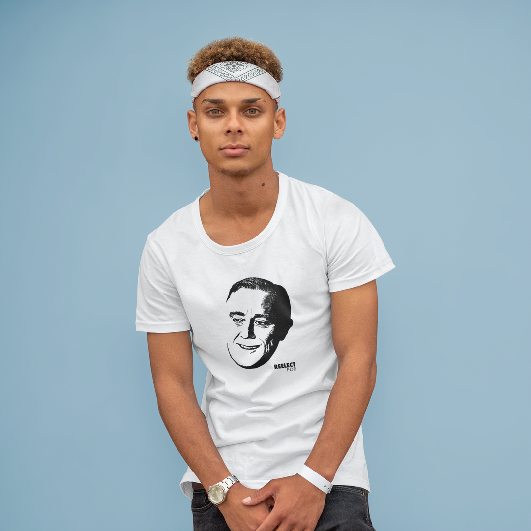 young Black man wearing white reelect president Franklin Delano Roosevelt unisex t-shirt