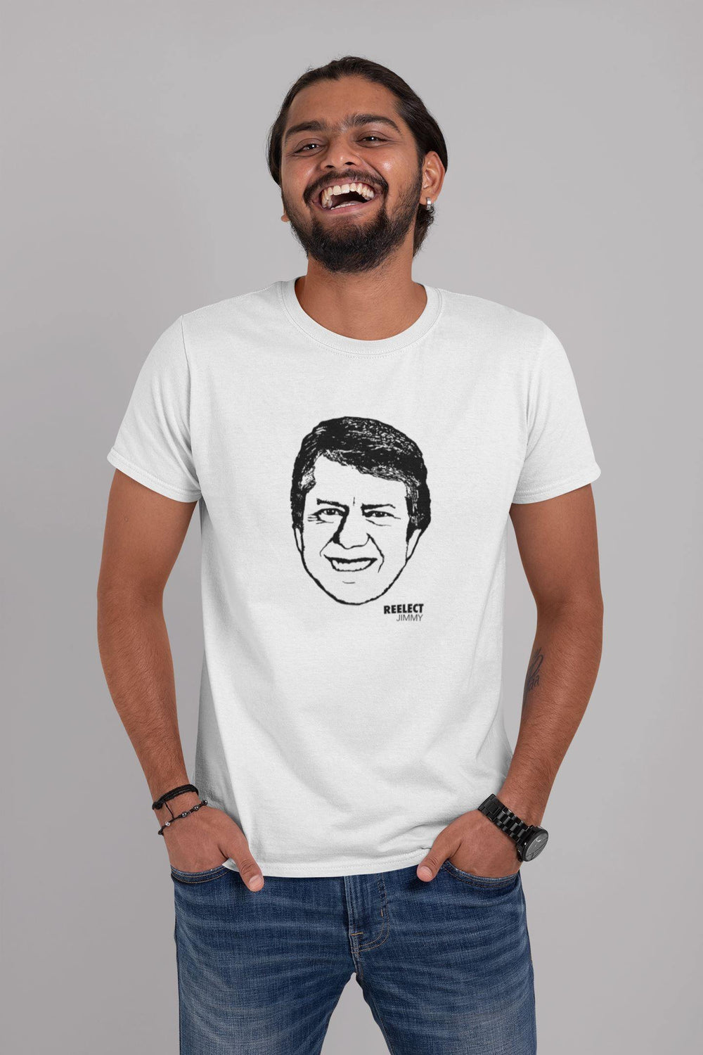 smiling middle eastern man wearing white reelect president jimmy Carter unisex t-shirt