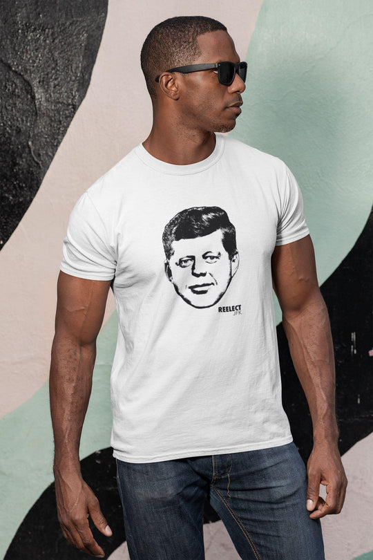 Black man with sunglasses wearing white reelect president John f Kennedy unisex t-shirt