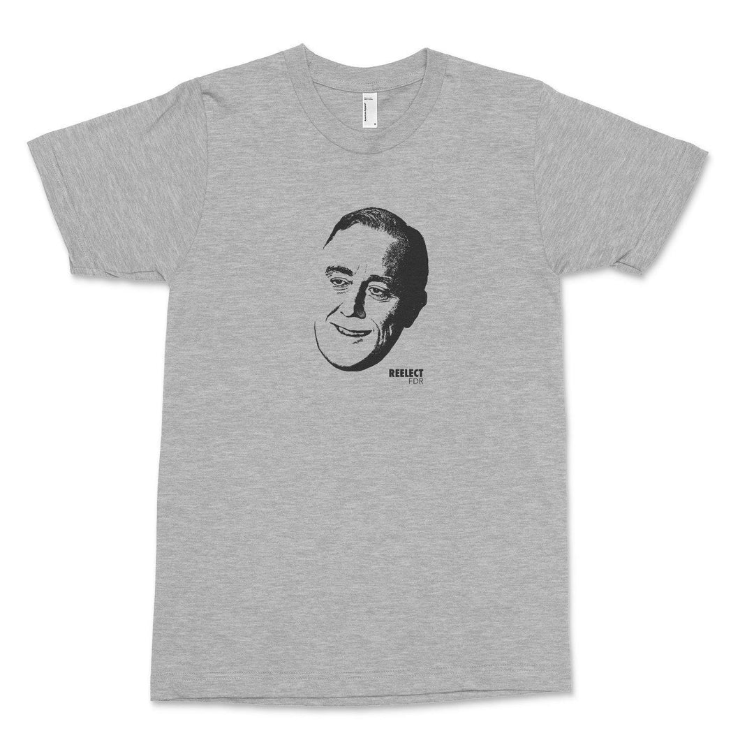 heather gray Franklin Delano roosevelt men's and unisex t-shirt with head of the American president and text that reads reelect f d r