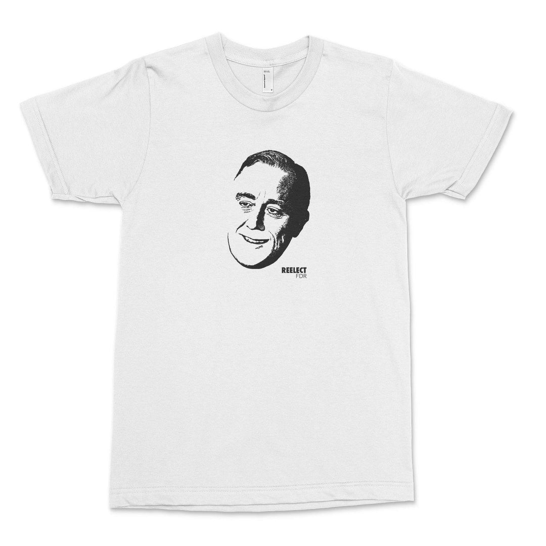 white Franklin Delano roosevelt men's and unisex t-shirt with head of the American president and text that reads reelect f d r
