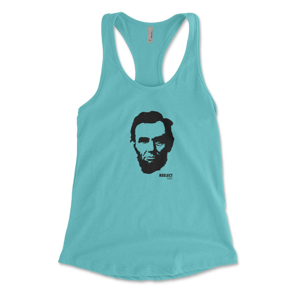 bright blue Abraham Lincoln women's racerback tank top with head of the American president and text that reads reelect Abe