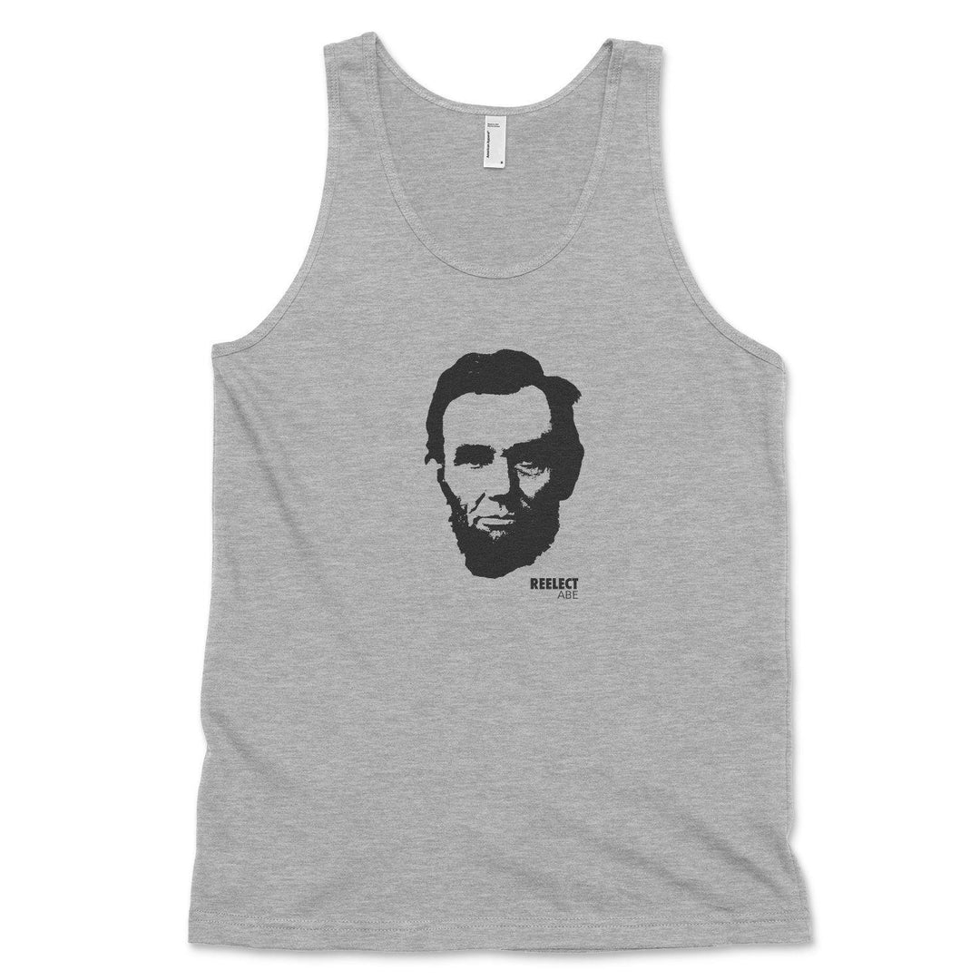 heather gray Abraham Lincoln men's and unisex tank top with head of the American president and text that reads reelect Abe