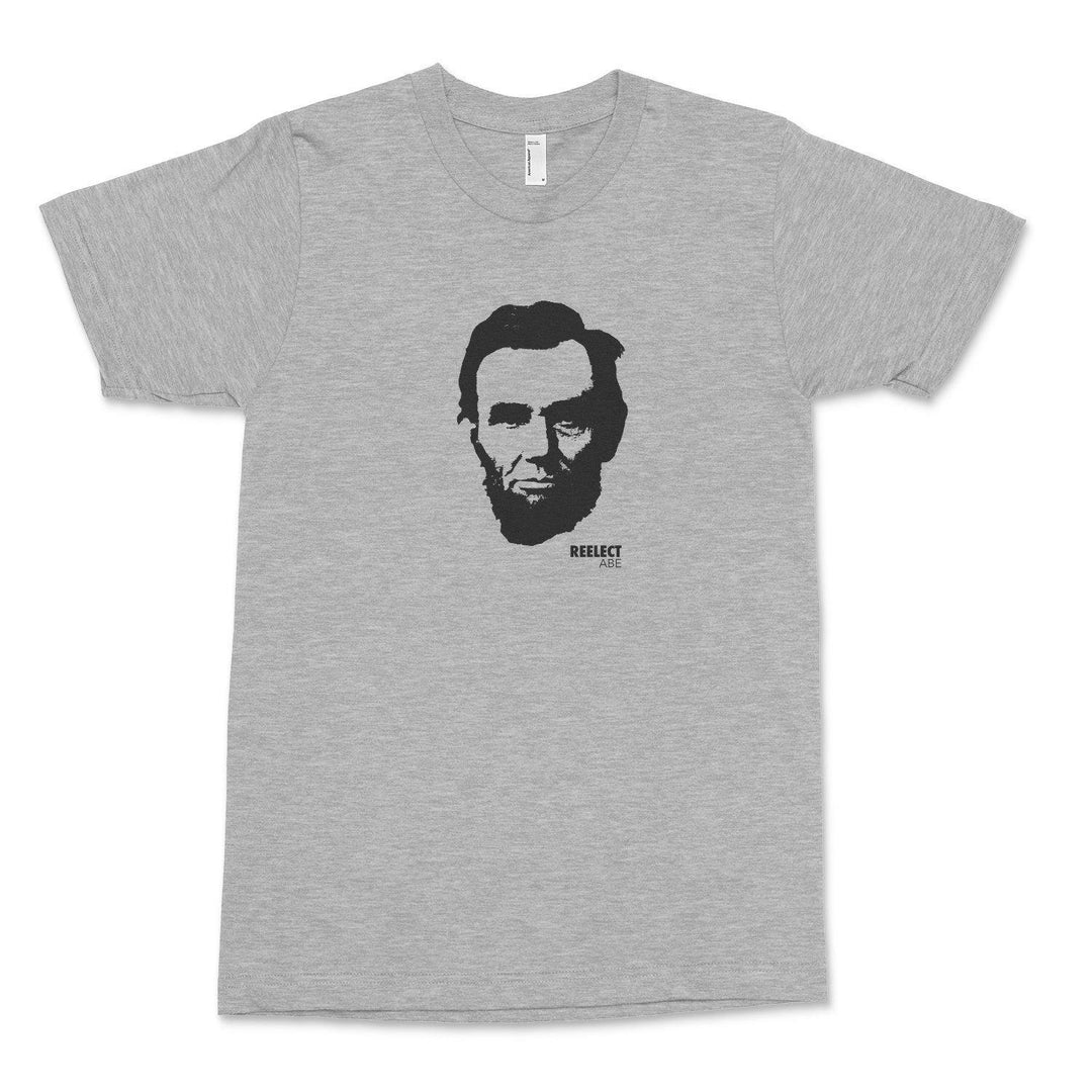 heather gray Abraham Lincoln men's and unisex t-shirt with head of the American president and text that reads reelect Abe