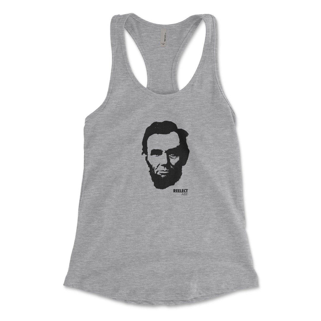 heather gray Abraham Lincoln women's racerback tank top with head of the American president and text that reads reelect Abe