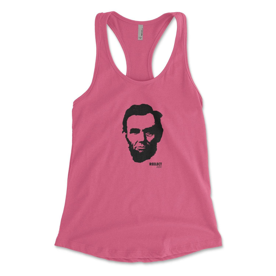 hot pink Abraham Lincoln women's racerback tank top with head of the American president and text that reads reelect Abe
