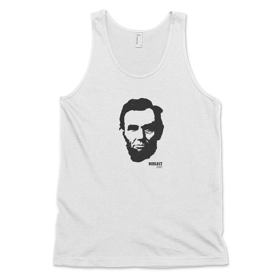 white Abraham Lincoln men's and unisex tank top with head of the American president and text that reads reelect Abe
