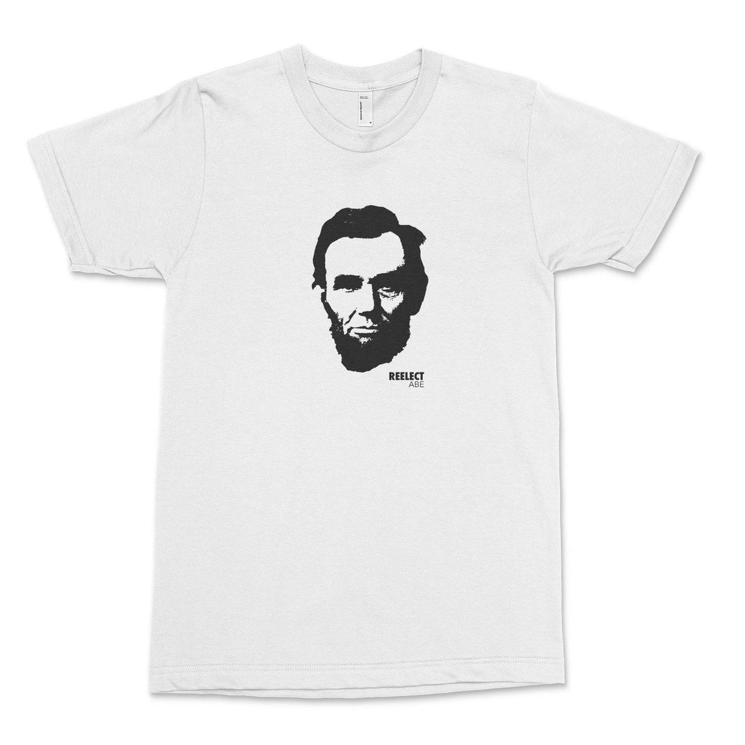 white Abraham Lincoln men's and unisex t-shirt with head of the American president and text that reads reelect Abe