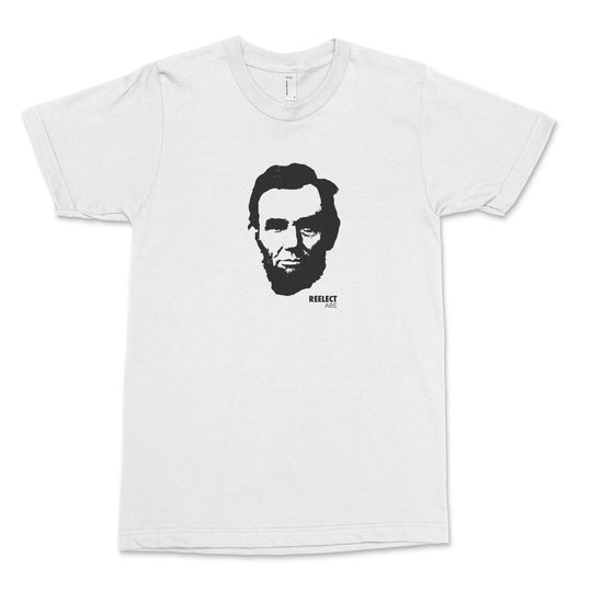 white Abraham Lincoln men's and unisex t-shirt with head of the American president and text that reads reelect Abe
