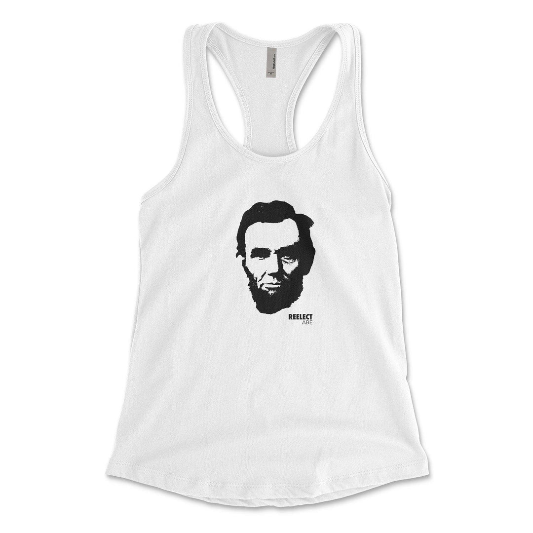 white Abraham Lincoln women's racerback tank top with head of the American president and text that reads reelect Abe