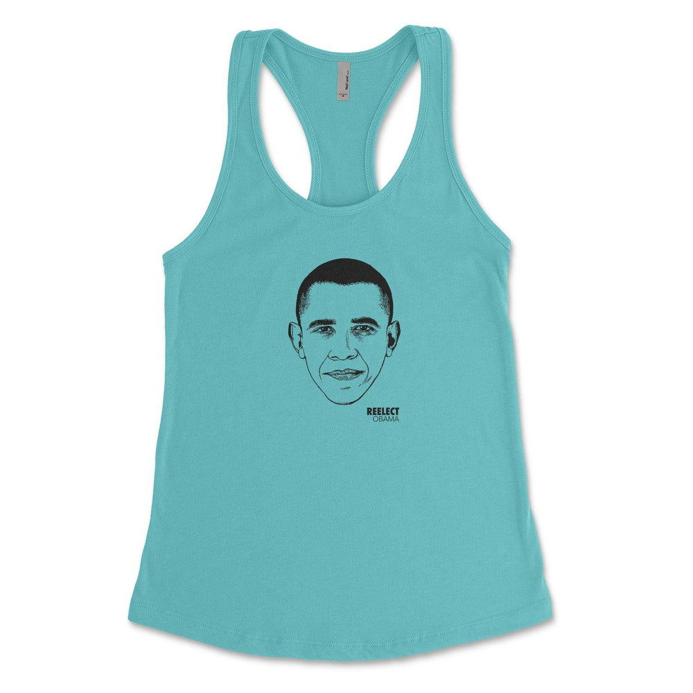 bright blue Barack Obama women's racerback tank top with head of the American president and text that reads reelect Obama