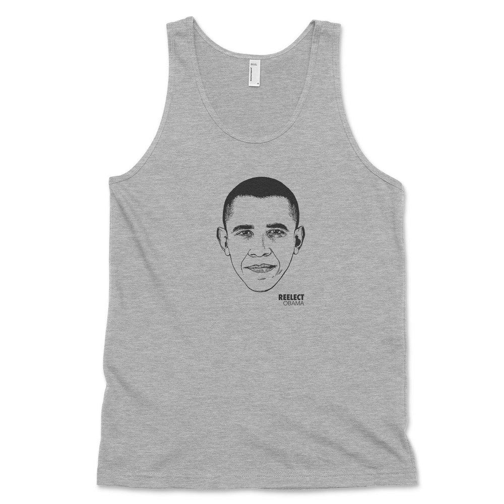 heather gray Barack Obama men's and unisex tank top with head of the American president and text that reads reelect Obama