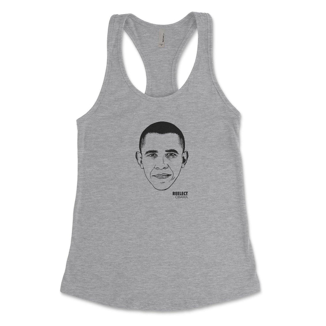 heather gray Barack Obama women's racerback tank top with head of the American president and text that reads reelect Obama