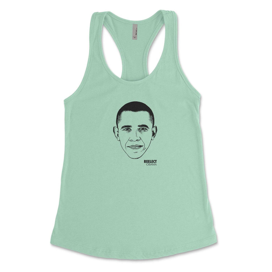 sea green Barack Obama women's racerback tank top with head of the American president and text that reads reelect Obama