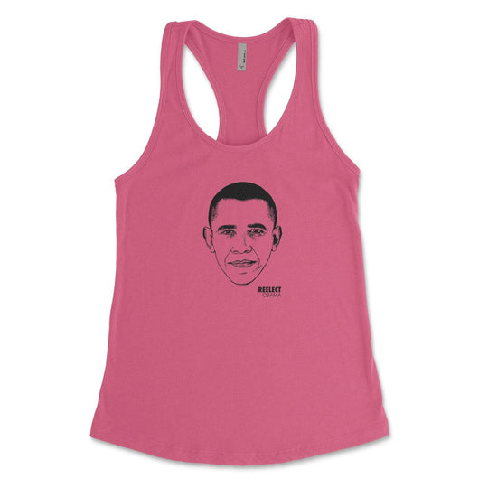 hot pink Barack Obama women's racerback tank top with head of the American president and text that reads reelect Obama