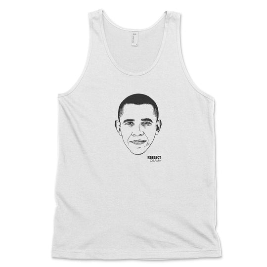 white Barack Obama men's and unisex tank top with head of the American president and text that reads reelect Obama
