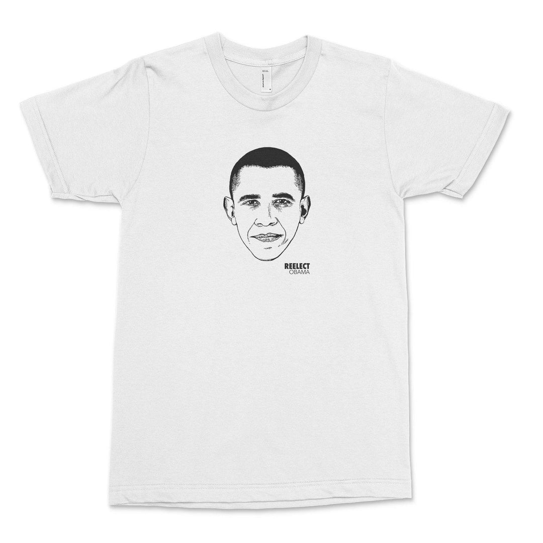 white Barack Obama men's and unisex t-shirt with head of the American president and text that reads reelect Obama
