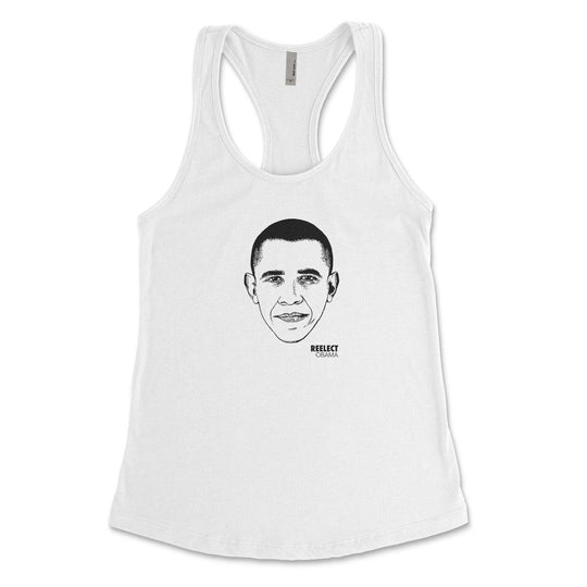 white Barack Obama women's racerback tank top with head of the American president and text that reads reelect Obama