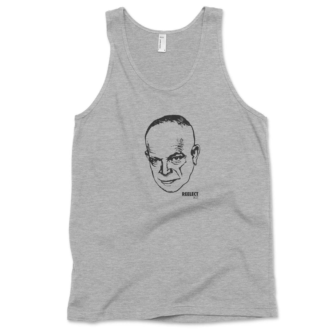 heather gray Dwight D. Eisenhower men's and unisex tank top with head of the American president and text that reads reelect ike