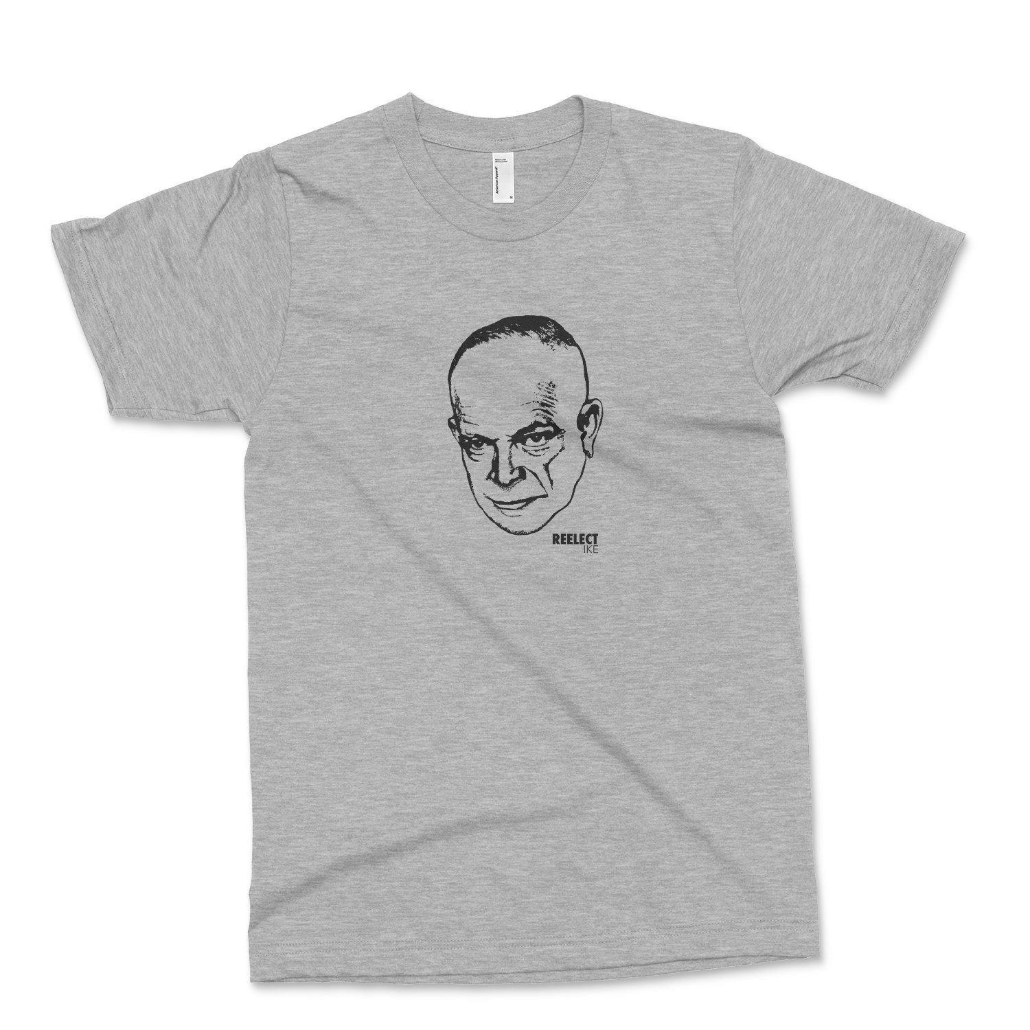 heather gray Dwight D. Eisenhower men's and unisex t-shirt with head of the American president and text that reads reelect Ike