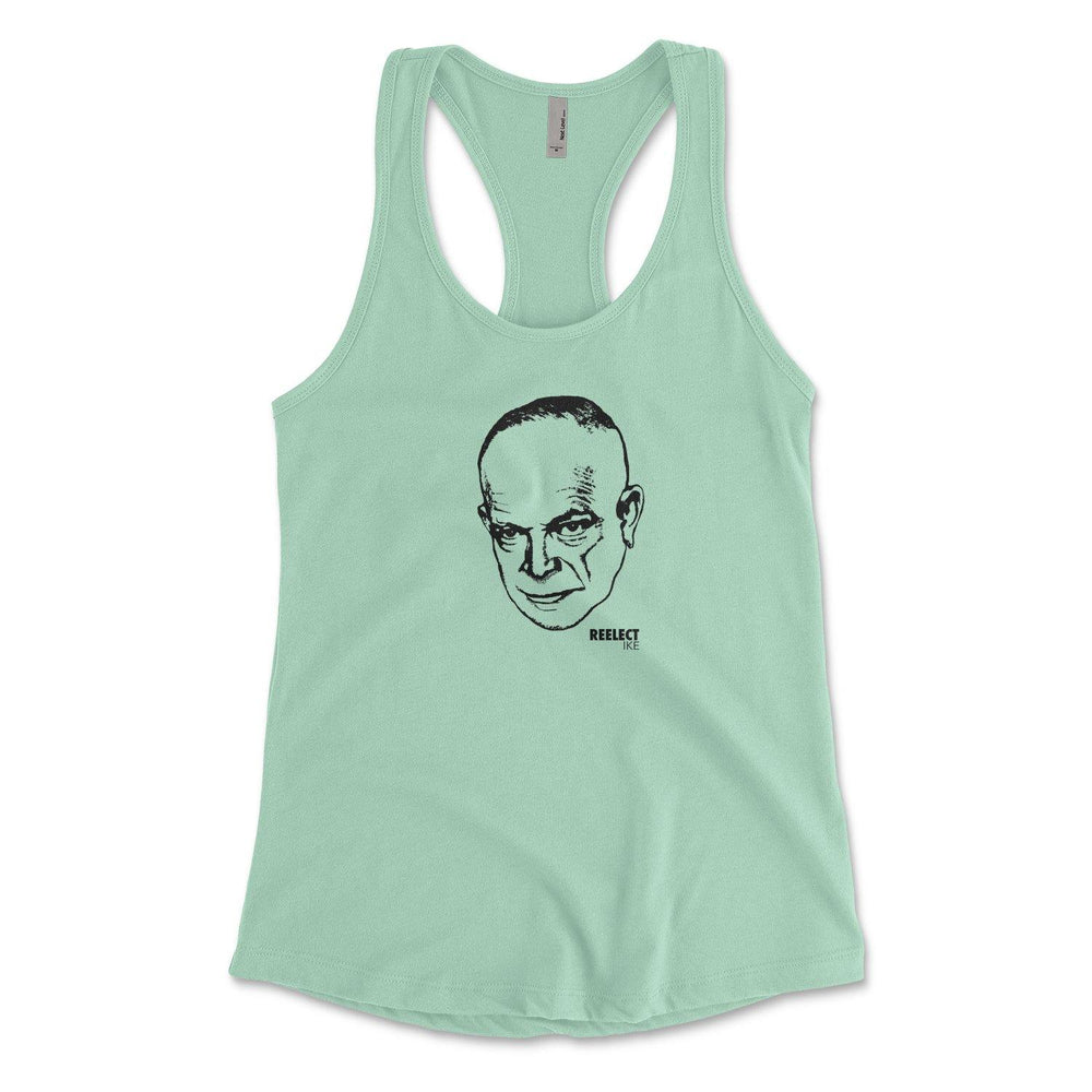 mint green Dwight Eisenhower women's racerback tank top with head of the American president and text that reads reelect Ike