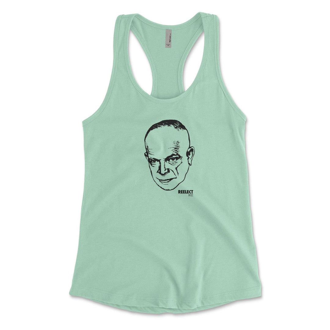 mint green Dwight Eisenhower women's racerback tank top with head of the American president and text that reads reelect Ike