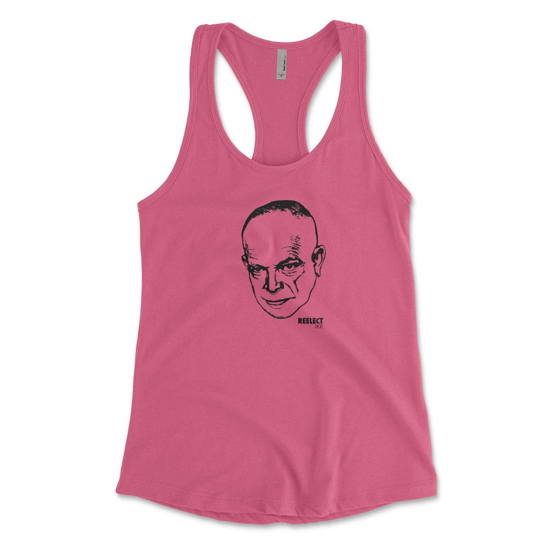 hot pink Dwight Eisenhower women's racerback tank top with head of the American president and text that reads reelect Ike