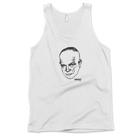 white Dwight D. Eisenhower men's and unisex tank top with head of the American president and text that reads reelect ike