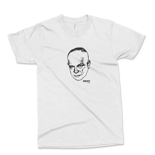 white Dwight D. Eisenhower men's and unisex t-shirt with head of the American president and text that reads reelect Ike