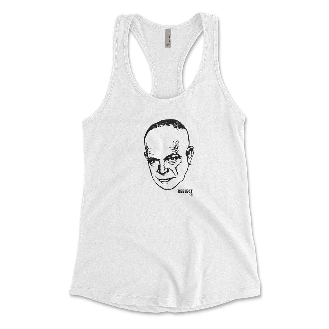 white Dwight Eisenhower women's racerback tank top with head of the American president and text that reads reelect Ike