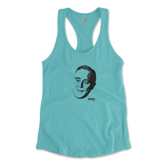 bright blue Franklin Delano Roosevelt women's racerback tank top with head of the American president and text that reads reelect f d r