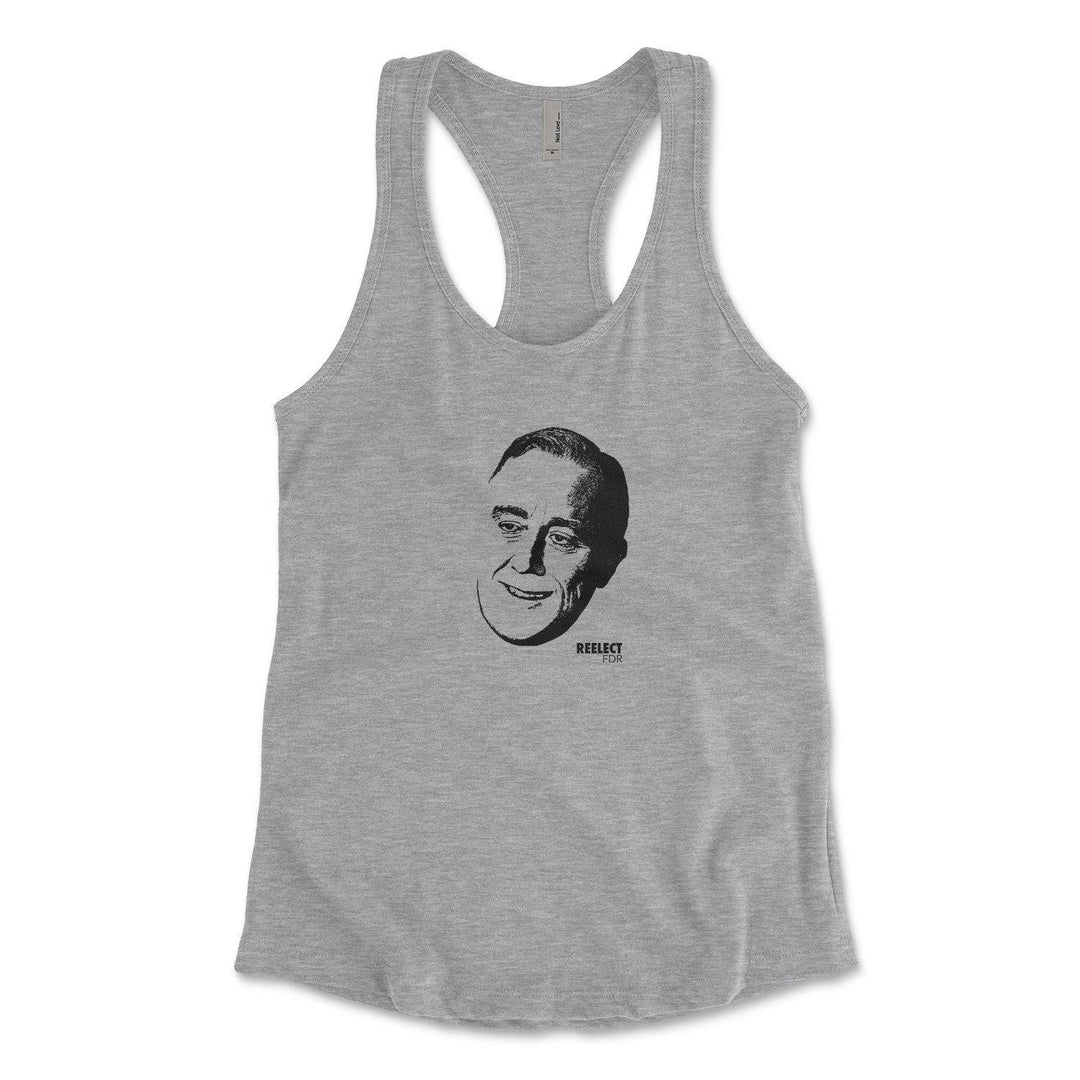 heather gray Franklin Delano Roosevelt women's racerback tank top with head of the American president and text that reads reelect f d r