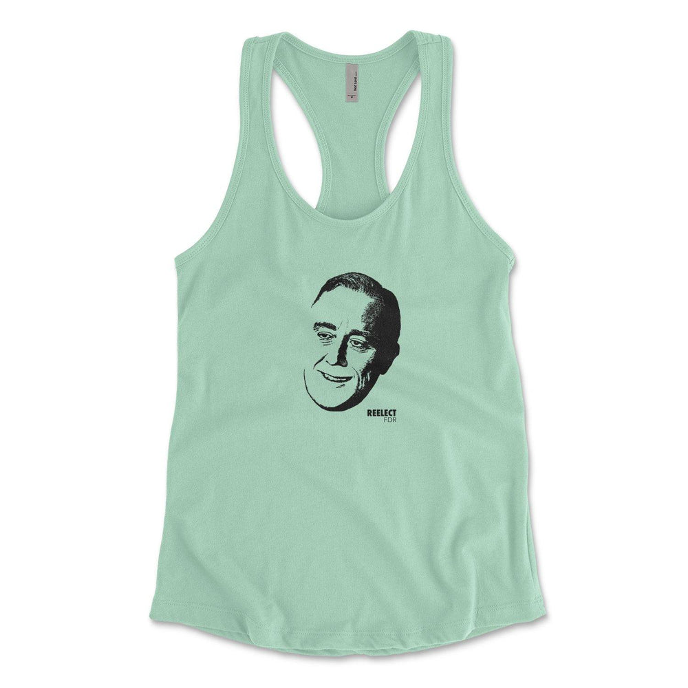 sea green Franklin Delano Roosevelt women's racerback tank top with head of the American president and text that reads reelect f d r