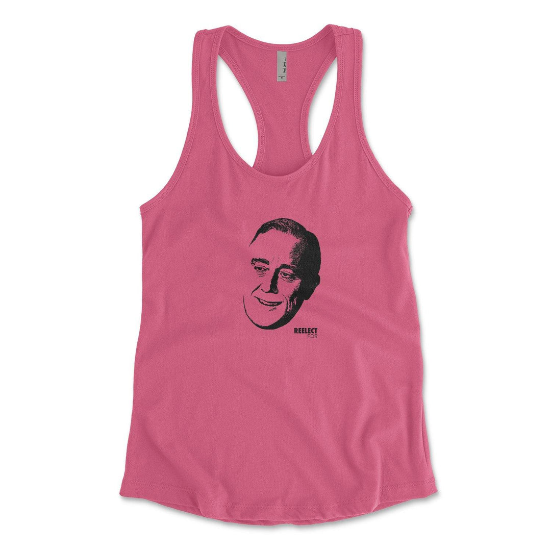 hot pink Franklin Delano Roosevelt women's racerback tank top with head of the American president and text that reads reelect f d r