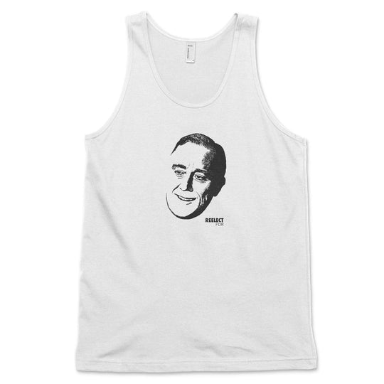 white Franklin Delano Roosevelt men's and unisex tank top with head of the American president and text that reads reelect f d r