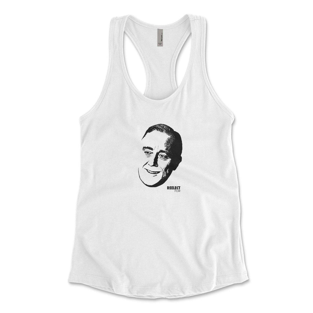 white Franklin Delano Roosevelt women's racerback tank top with head of the American president and text that reads reelect f d r