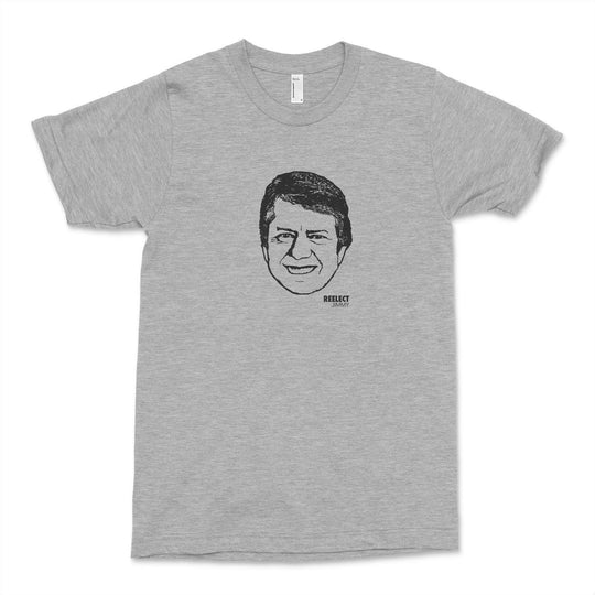 heather gray reelect jimmy Carter men's and unisex t-shirt with head of the American president and text that reads reelect jimmy