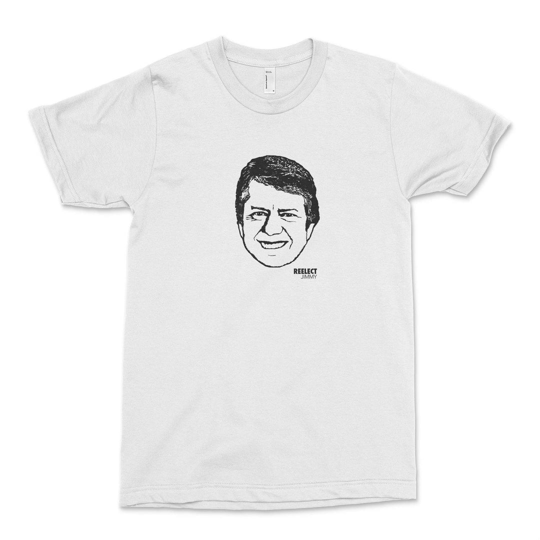 white jimmy Carter men's and unisex t-shirt with head of the American president and text that reads reelect jimmy