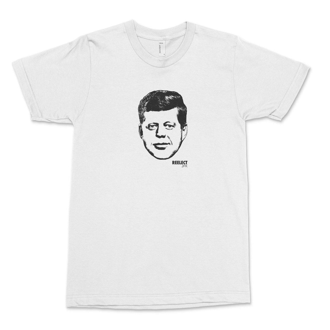 white John f Kennedy men's t-shirt with head of the American president and text that reads reelect j f k