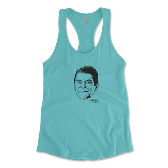 bright blue Ronald Reagan women's racerback tank top with head of the American president and text that reads reelect reagan