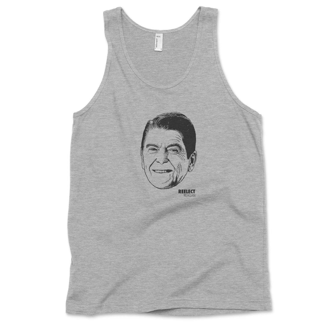 heather gray Ronald Reagan men's and unisex tank top with head of the American president and text that reads reelect Reagan