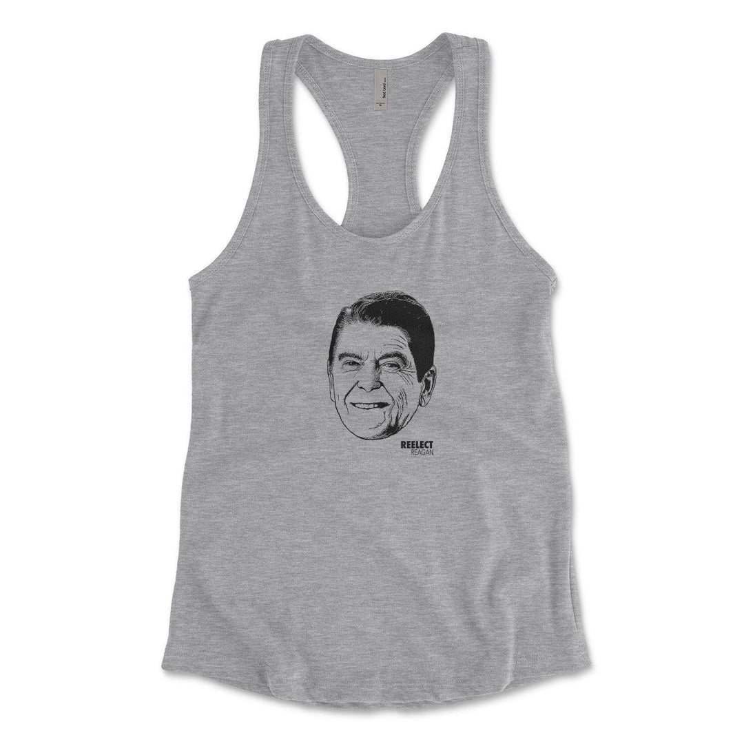 heather gray Ronald Reagan women's racerback tank top with head of the American president and text that reads reelect reagan