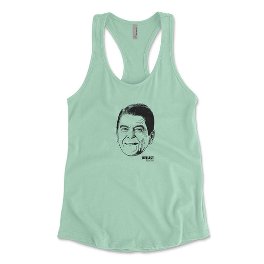 sea green Ronald Reagan women's racerback tank top with head of the American president and text that reads reelect reagan