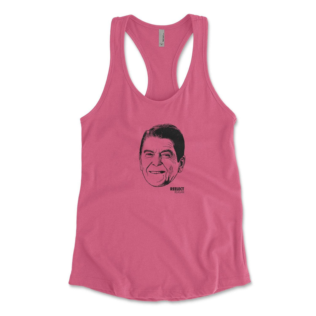 hot pink Ronald Reagan women's racerback tank top with head of the American president and text that reads reelect reagan