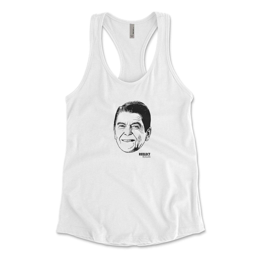 white Ronald Reagan women's racerback tank top with head of the American president and text that reads reelect reagan