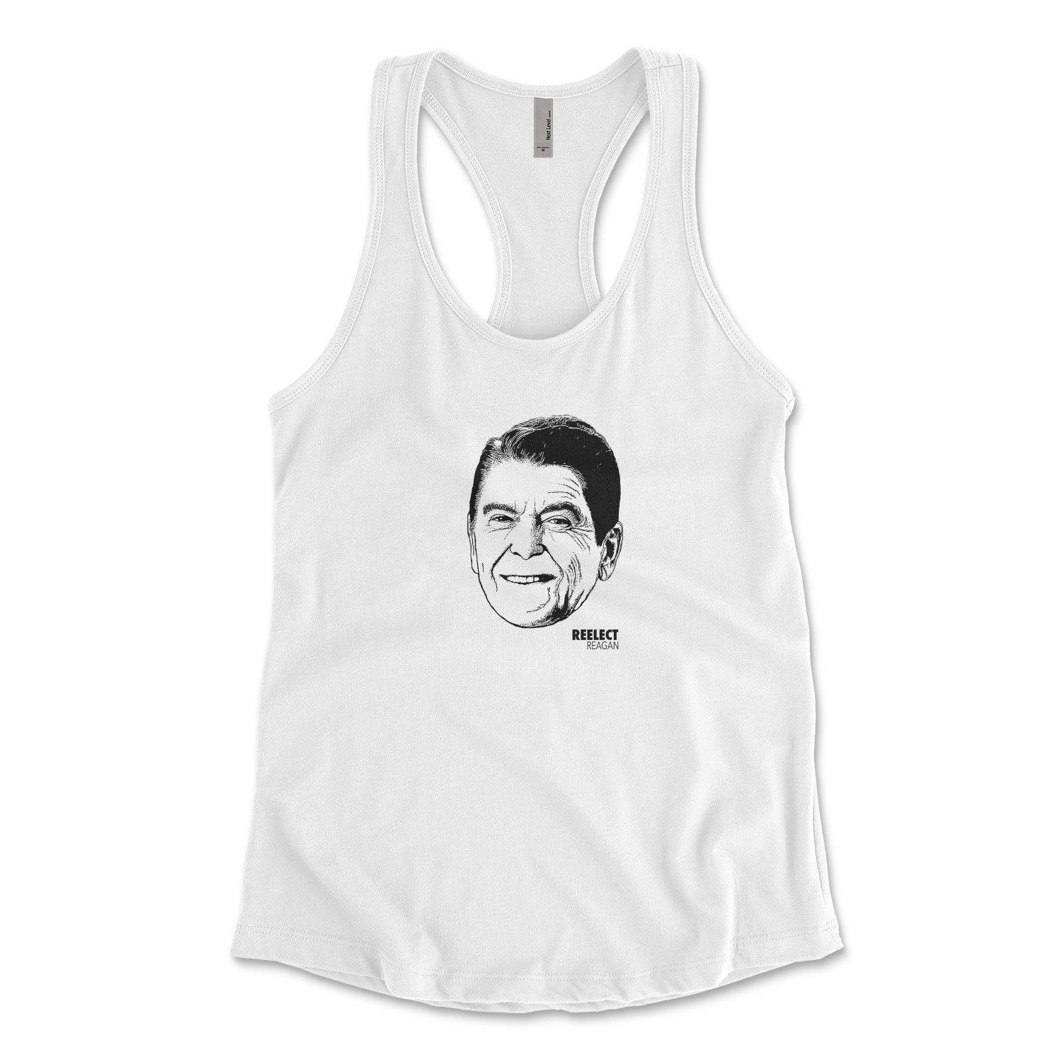 white Ronald Reagan women's racerback tank top with head of the American president and text that reads reelect reagan